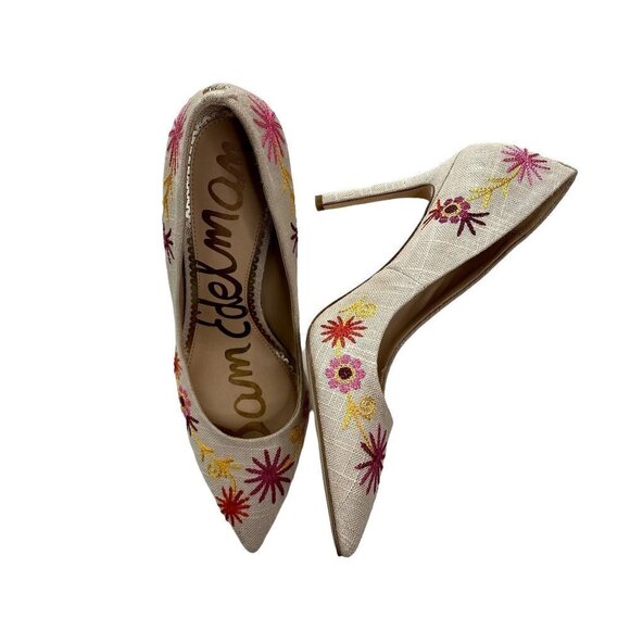 Sam Edelman Hazel Linen Embroidered Heels 8.5 - Picture 1 of 10